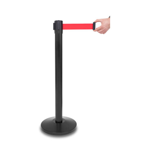 Piirdepost-must-väjatõmmatava-punase-lindiga Piirdek;ied Piirdepostid Piirdepost v'äljatõmmatava lindiga Piirdelindid